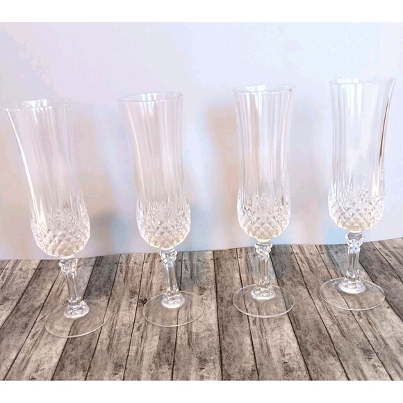 Vtg Set Of 4 Longchamp Cristal D'arques  Paris Crystal Champagne Flutes France - Picture 2 of 9